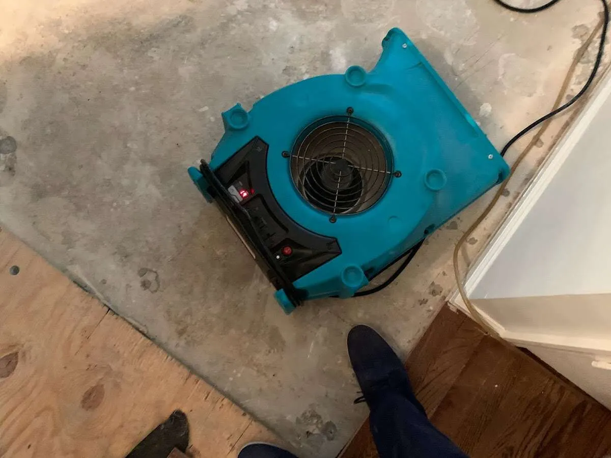Air mover drying subfloor during Commercial Water Damage Restoration in Napili-Honokowai